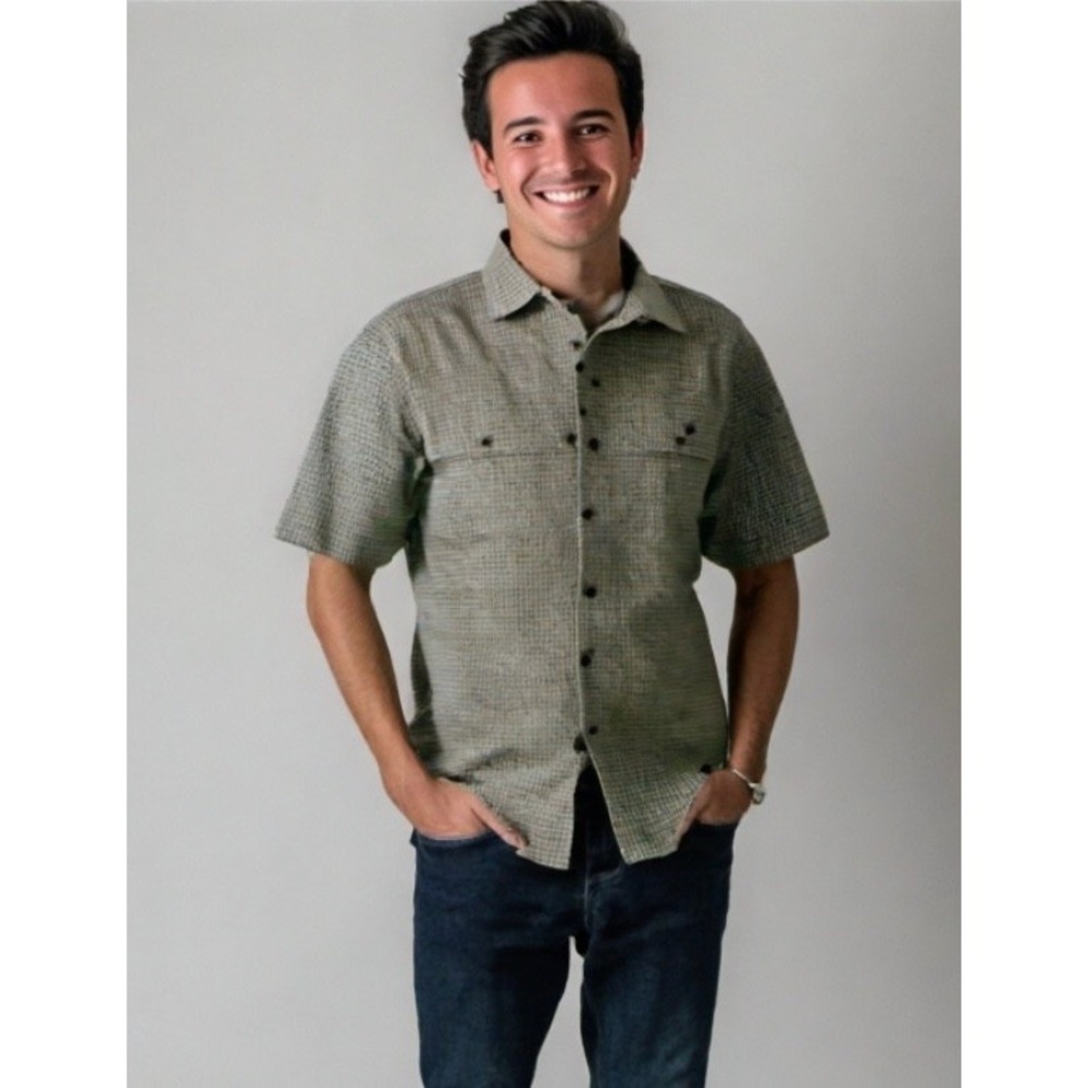 Mens Patagonia Plaid Short Sleeve Shirt Poly Cotton Pockets Beige Size Medium